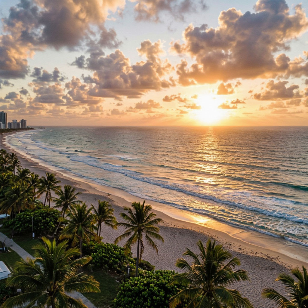 Miami Beach shoreline at sunset
