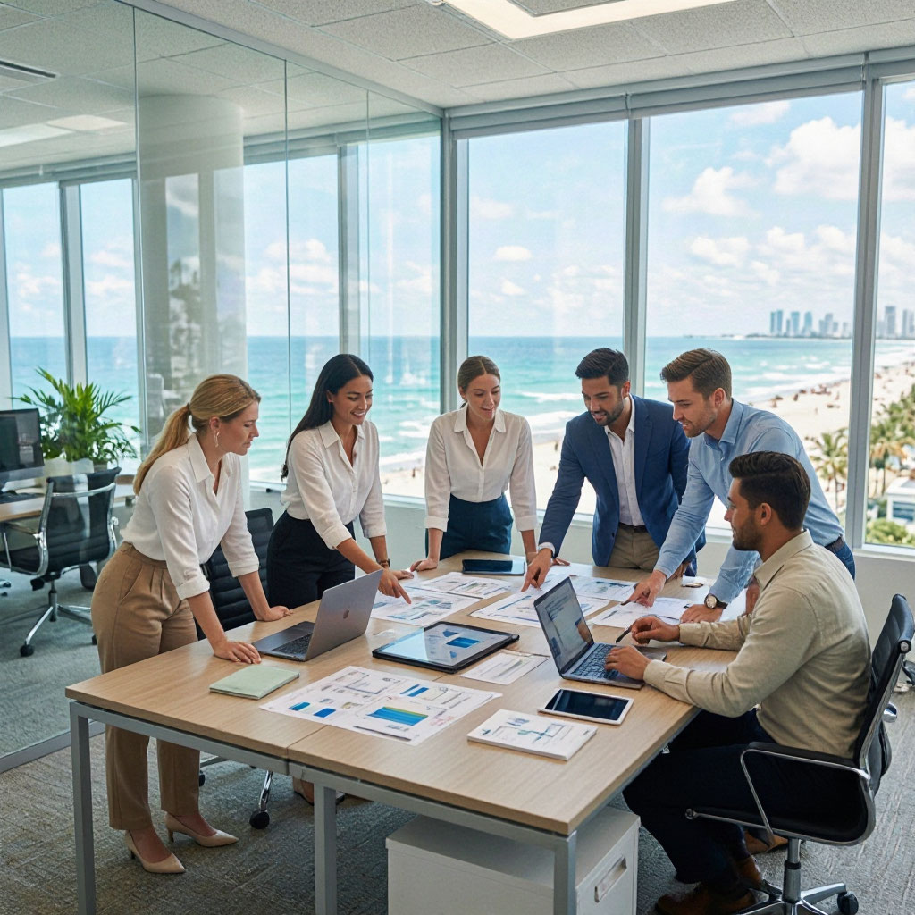 Coastal Haven team collaborating in the Miami Beach office