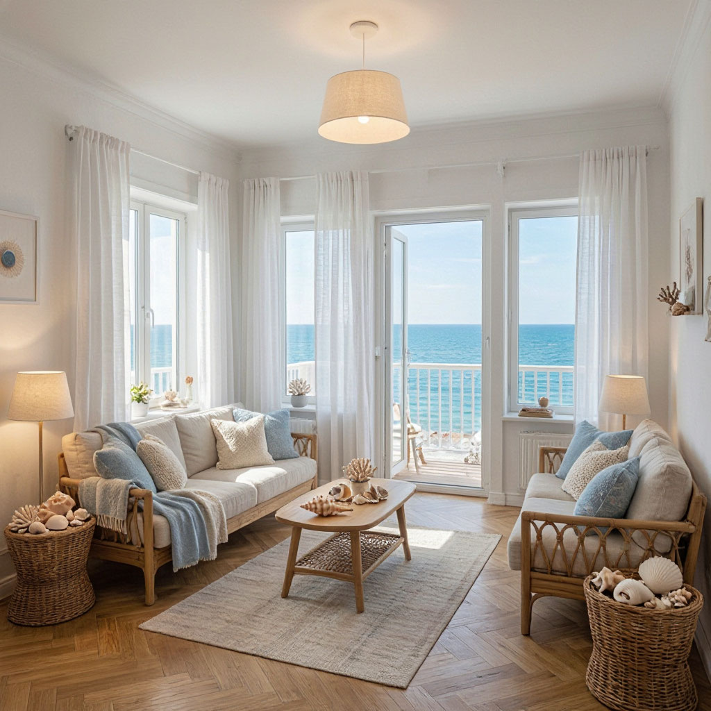 Beautifully staged Airbnb interior with coastal light