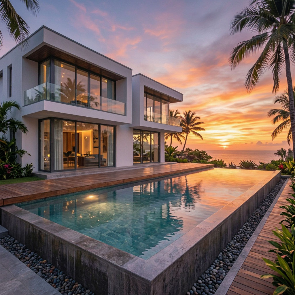 Modern coastal villa exterior with pool at sunset