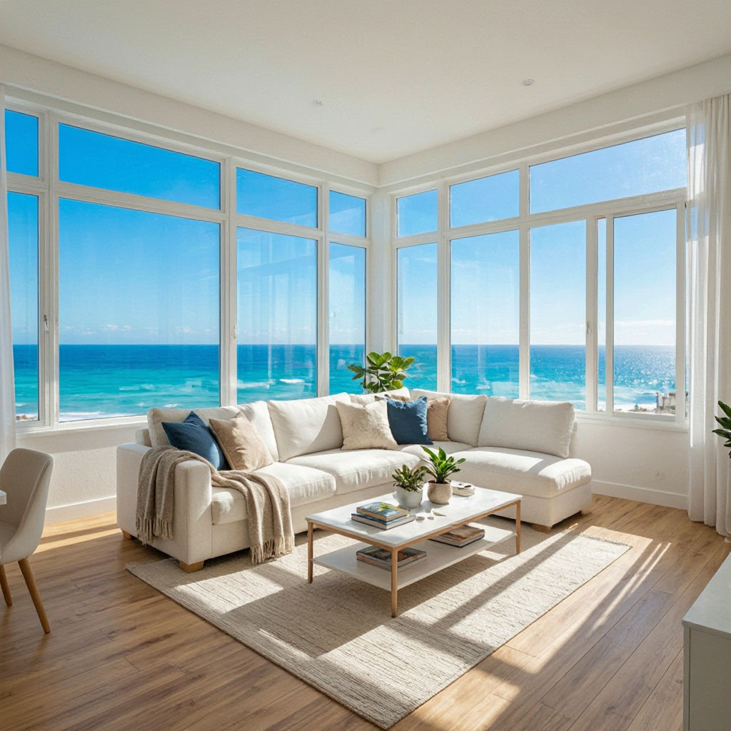 Bright living room with ocean view in a rental apartment