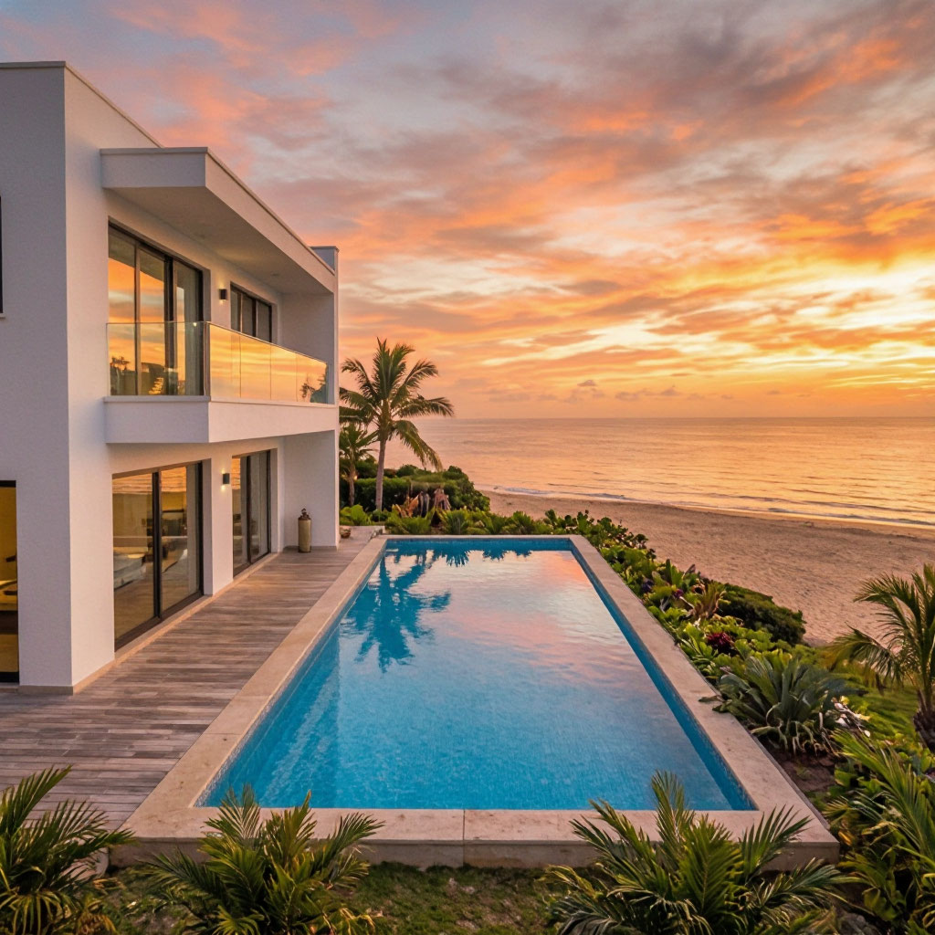 Coastal vacation property with pool at golden hour