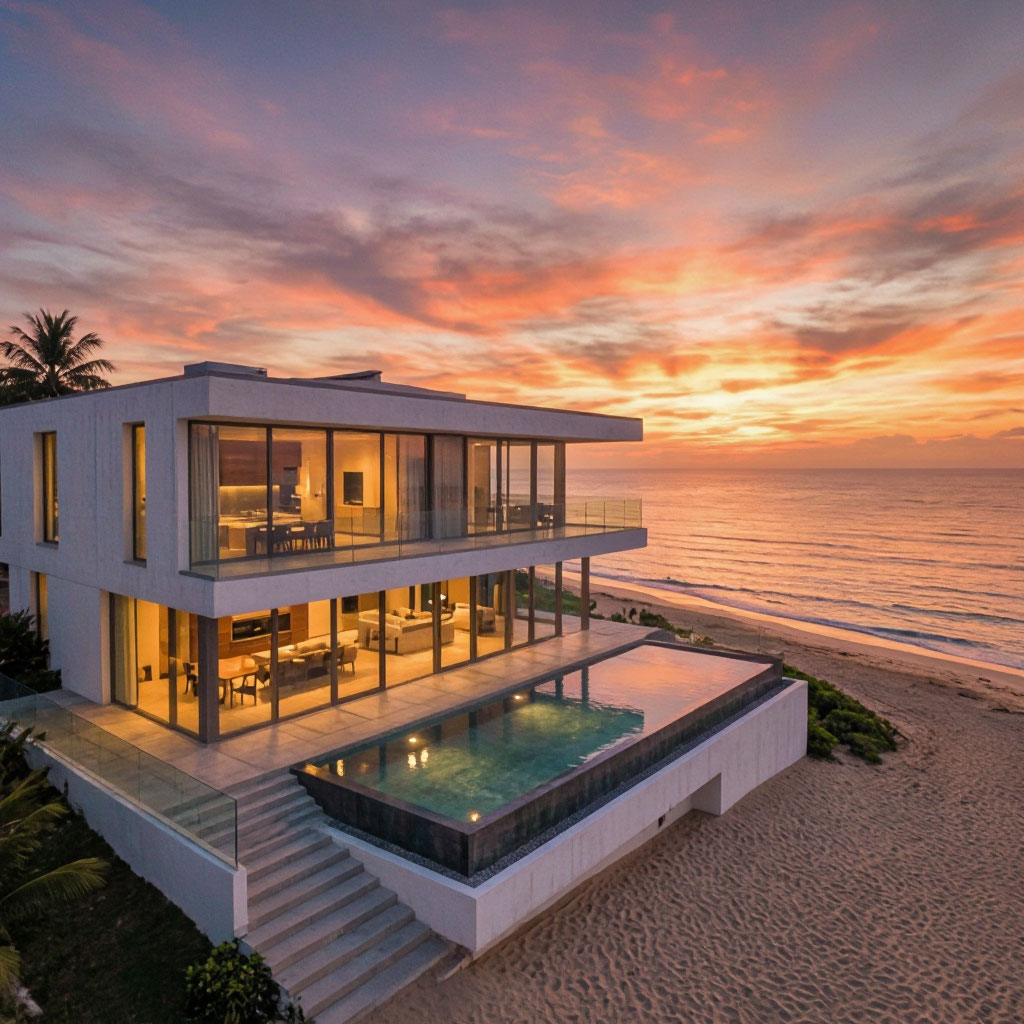 Beachfront vacation rental property at sunset
